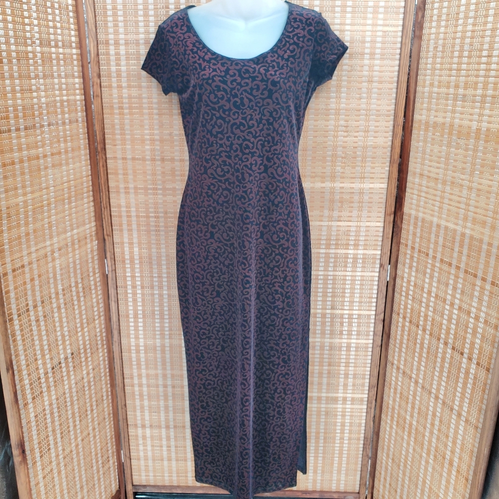 ◇ Vintage PS Per Seption Velvet Baroque Midi Dress Size Medium Black Brown